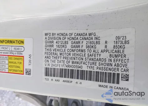 2024 Honda Civic Ex from USA, damaged, VIN 2HGFE1F74RH305940